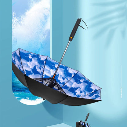 Portable Umbrella for Outdoor Protection | Waterproof Materials 3-In-1 Umbrella with Fan and Sprayer Blue and White Cloud